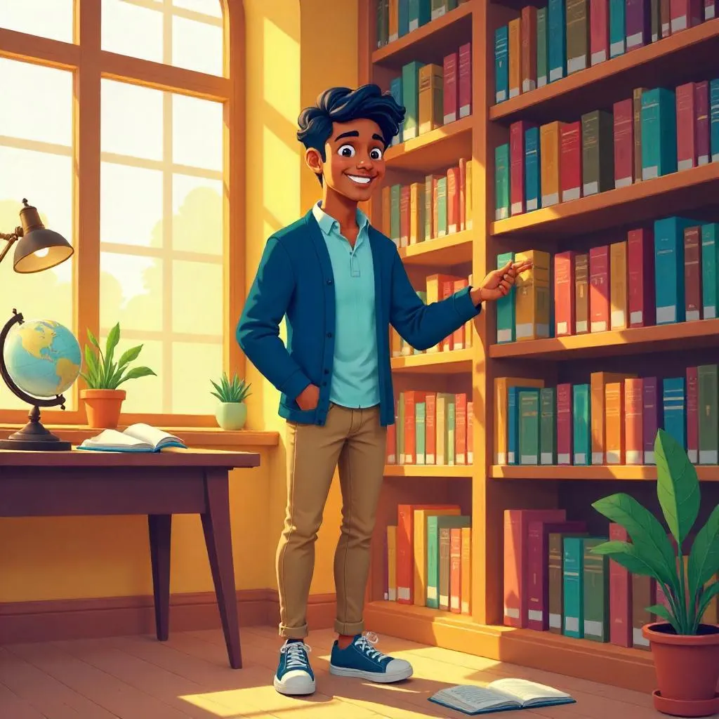 Curious Young Indian Man in a Cozy Cartoon Library