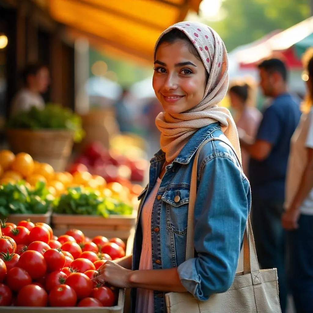 Sunlit Farmers Market Portrait of a Young Middle Eastern Woman