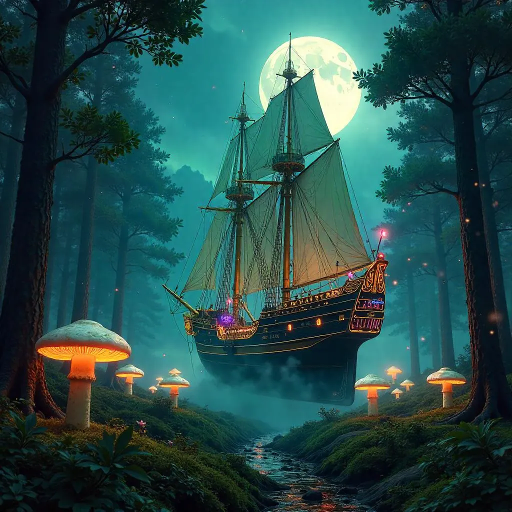 Neon Cyberpunk Sailing Ship Amid Fairy Rings