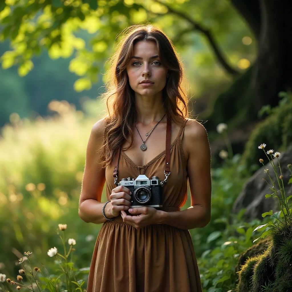 Woman with Vintage Camera in Lush Outdoor Light