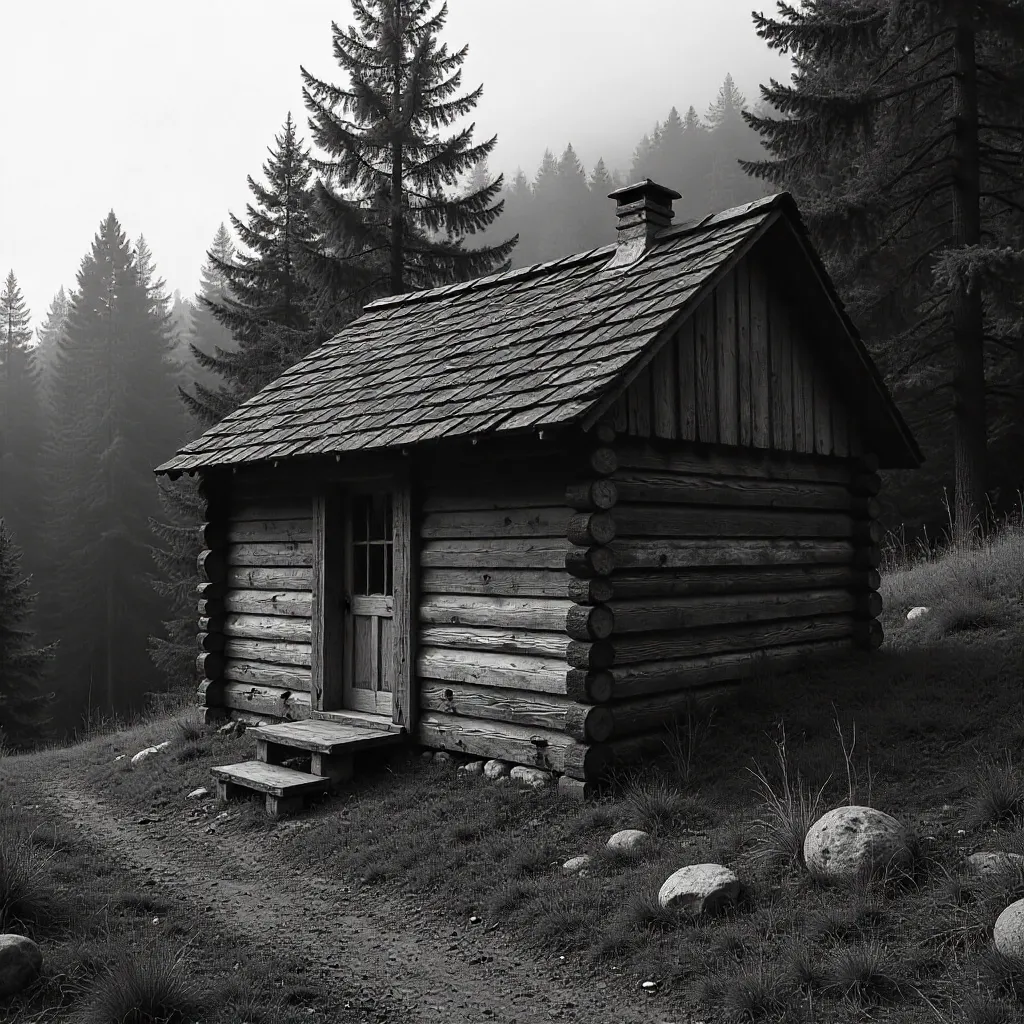 Monochrome Rustic Hut at the Forest Edge