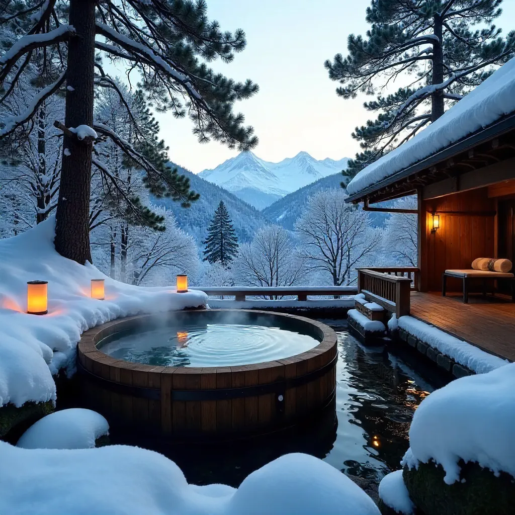 Winter Serenity: Traditional Japanese Onsen in Snowy Forest