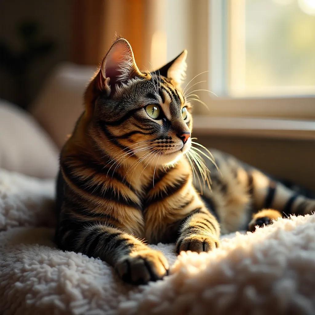 Gazing Striped Cat on Plush Indoor Surface