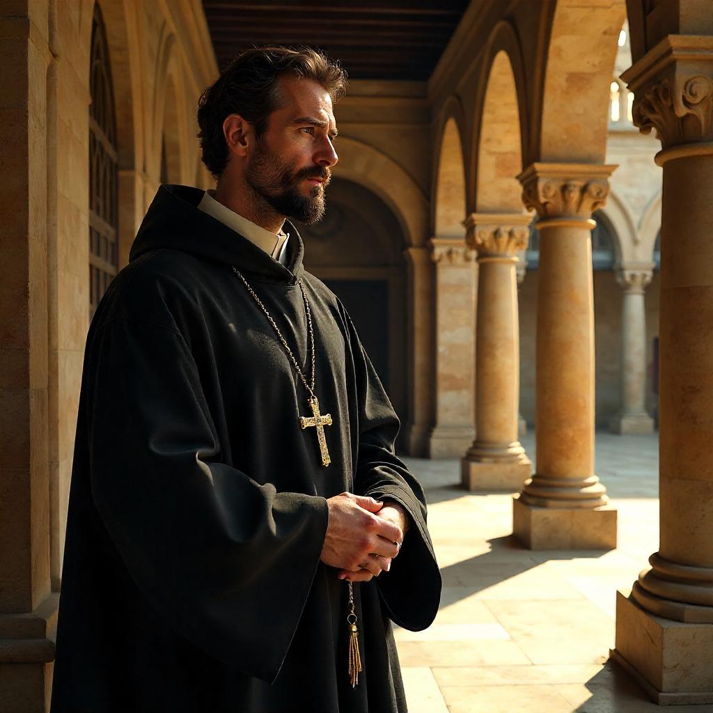 Photorealistic Renaissance Italian Priest in Cloister