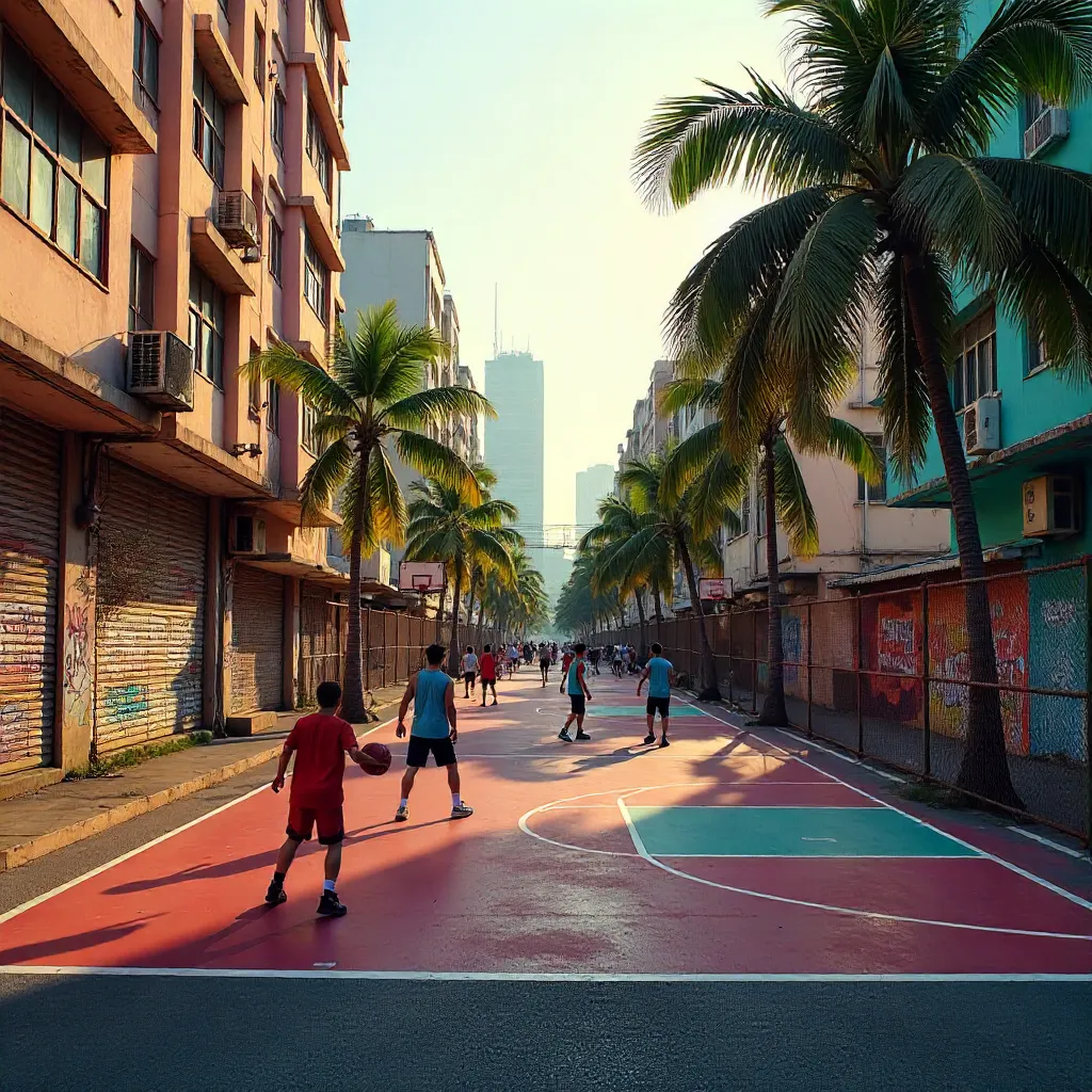 Vibrant Kowloon Court: Pastel Palms and Neon