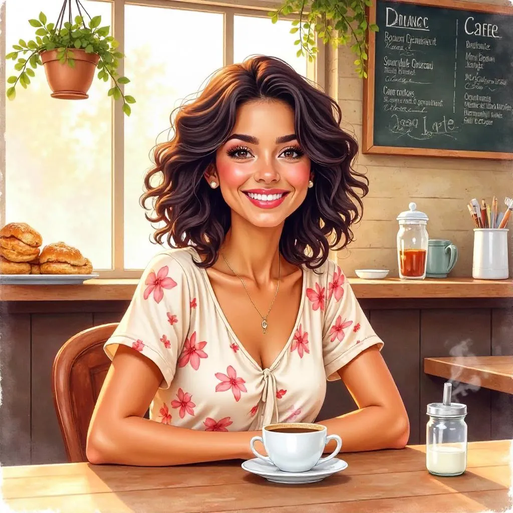 Cheerful Latina in a Sunlit Café — Watercolor