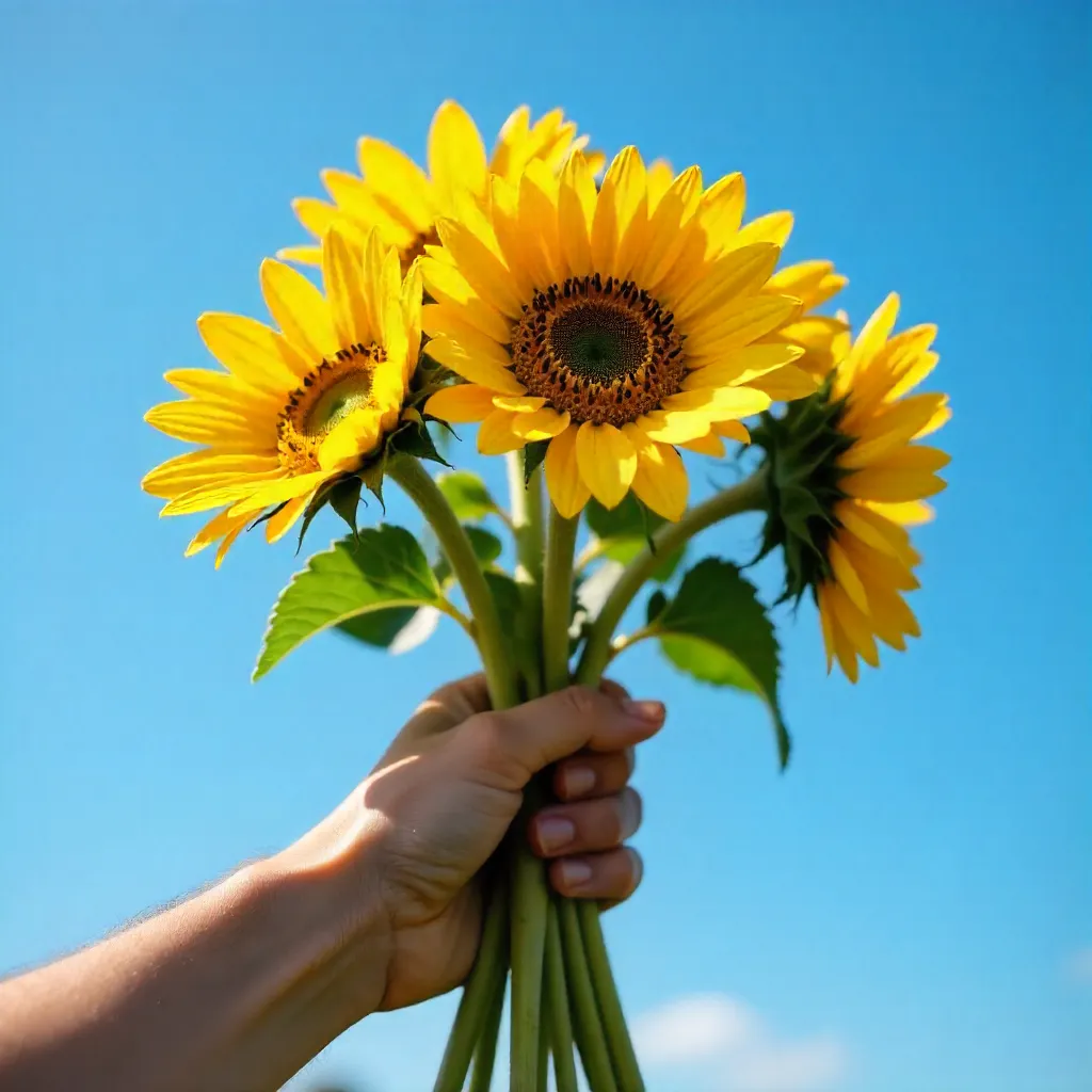 Holding Sunflowers Under a Clear Summer Sky