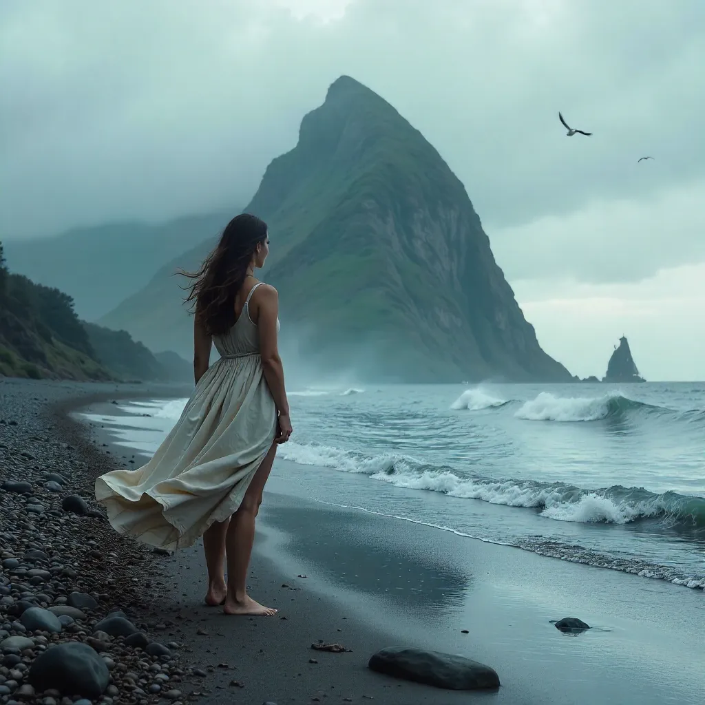 Woman by the Ocean and a Majestic Mountain
