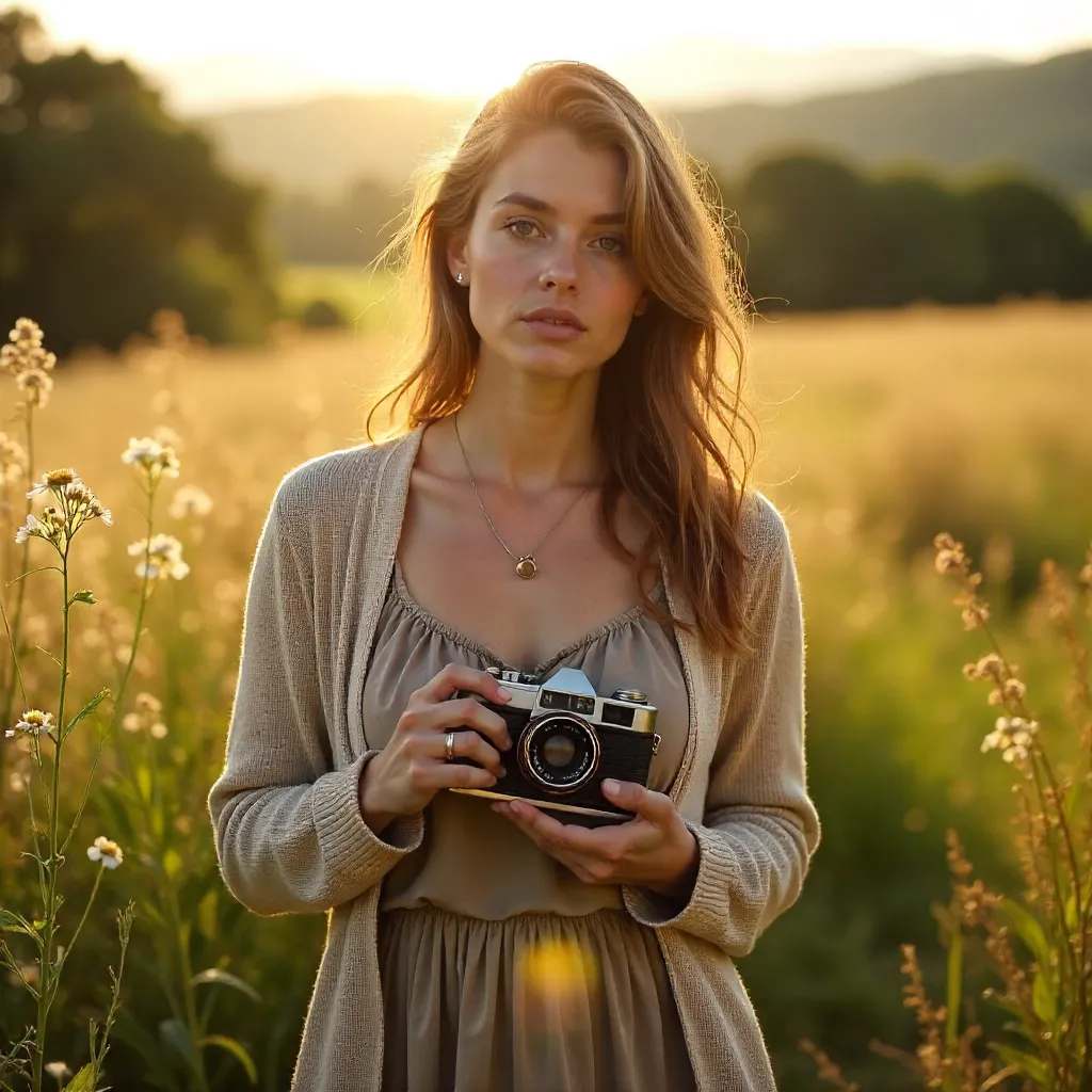 Nostalgic Outdoor Portrait with Vintage Camera