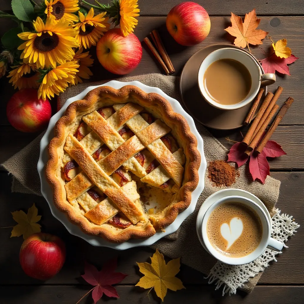 Warm Autumn Flat Lay: Pie, Coffee & Flowers