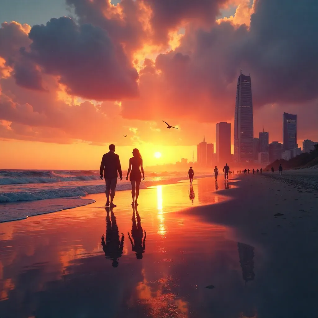 Silhouetted Beach at Sunset over City Skyline