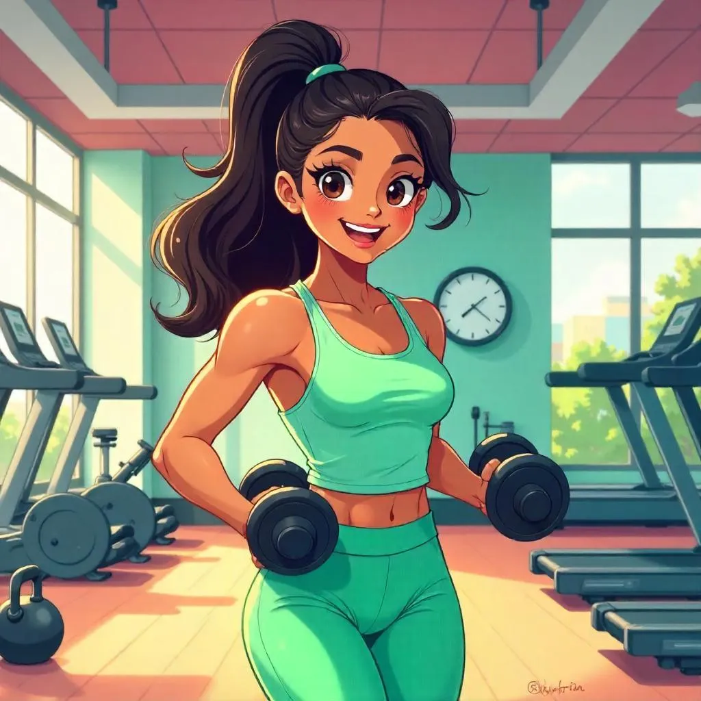 Cheerful Latina in a Bright Anime Gym