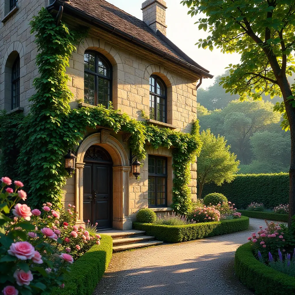 Charming Stone Mansion Facade with Lush Garden