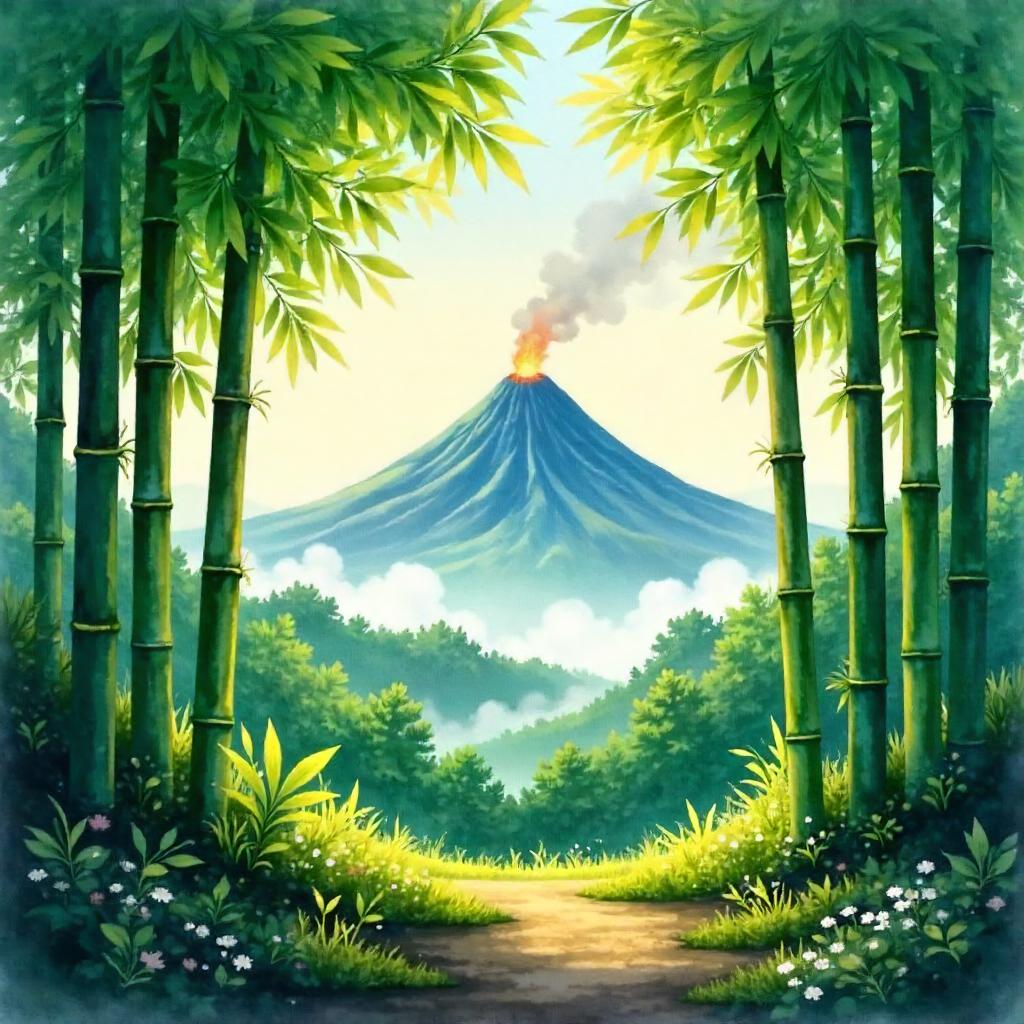 Volcano Amid Bamboo Grove in Watercolor