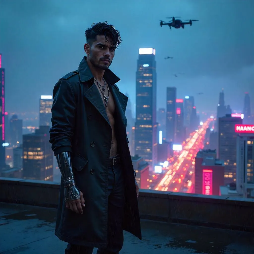 Neon Rooftop Gaze: Handsome Latino in Cyberpunk