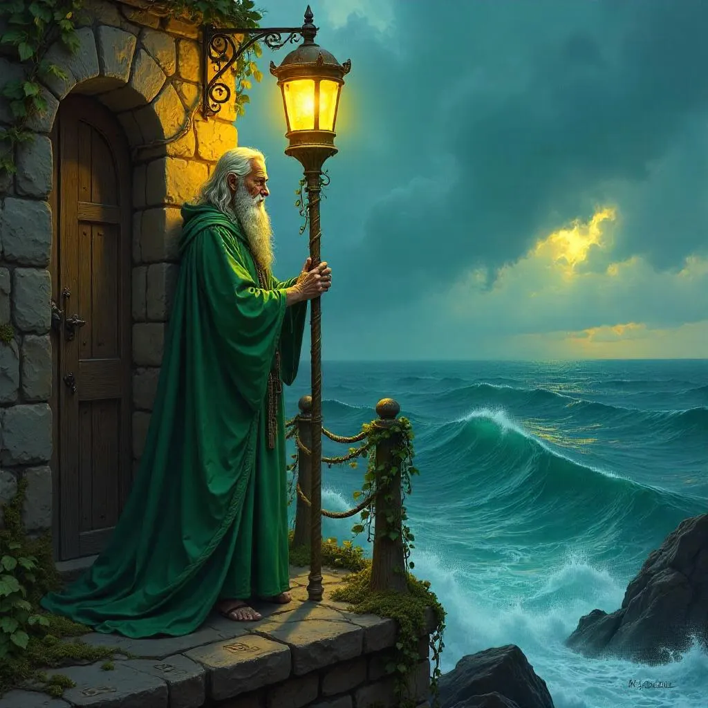 Druid at the Lighthouse: An Oil Painting