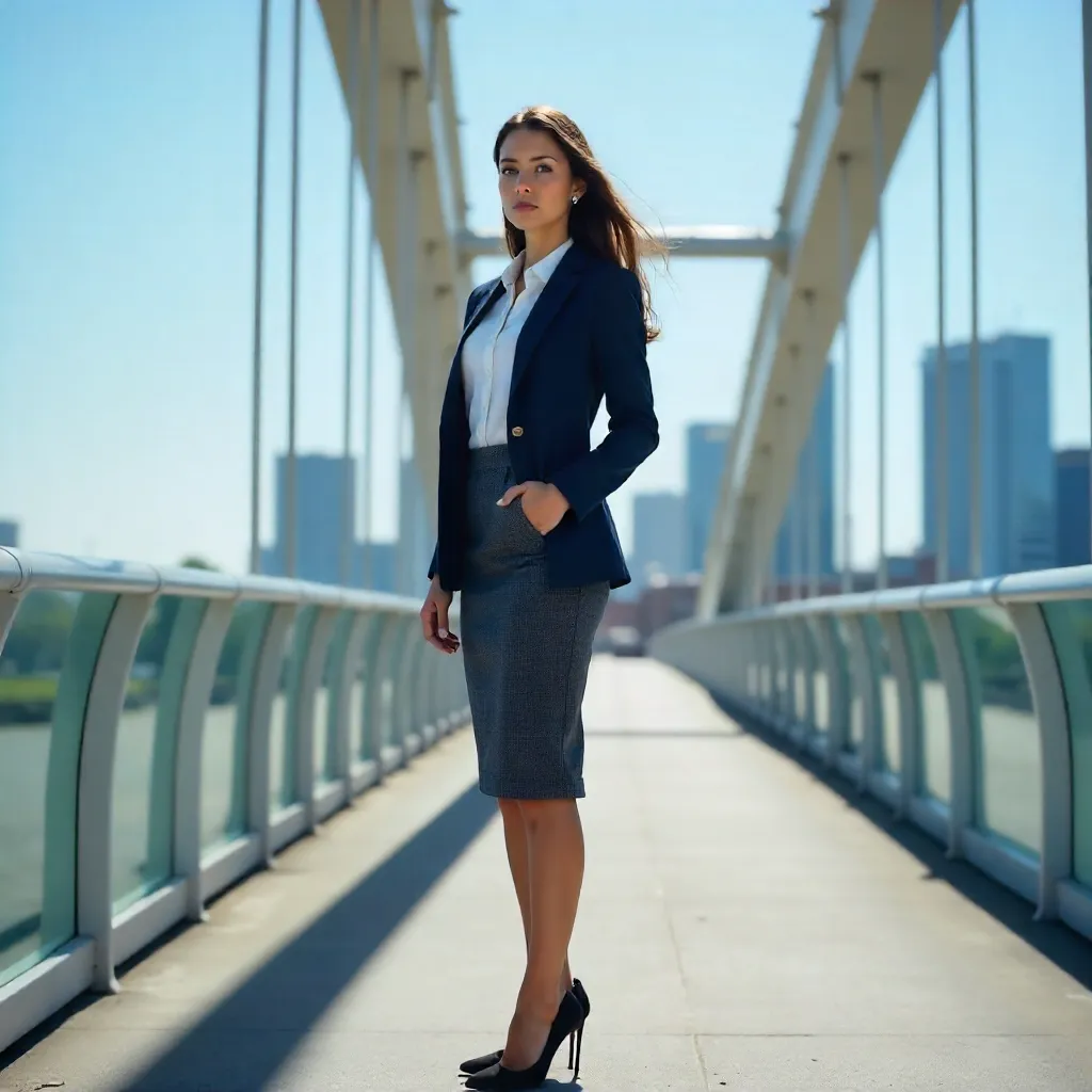Confident Woman on a Modern Urban Bridge