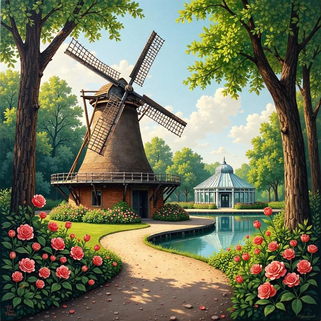 Windmill Amidst a Blooming Botanical Garden