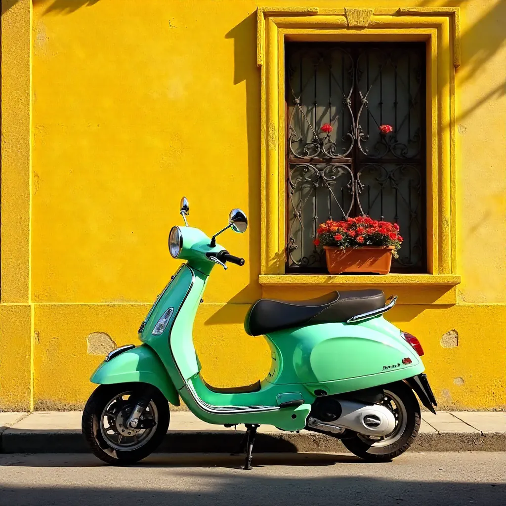 Mint Green Scooter by Yellow Wall with Ornate Window