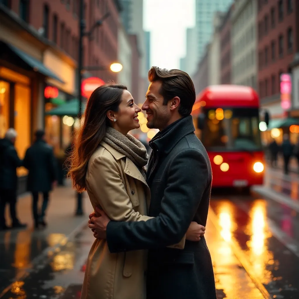 Urban Romance: Embrace as a Red Bus Passes