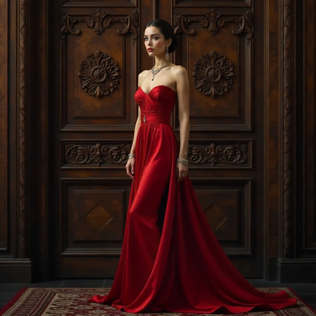 Crimson Grace Before the Carved Door