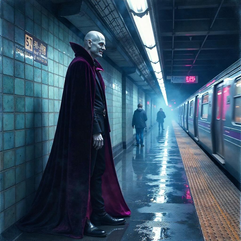 Watercolor Vampire in a Neon Subway Station