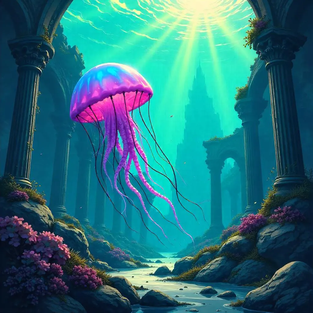 Neon Jellyfish in Anime Ruins