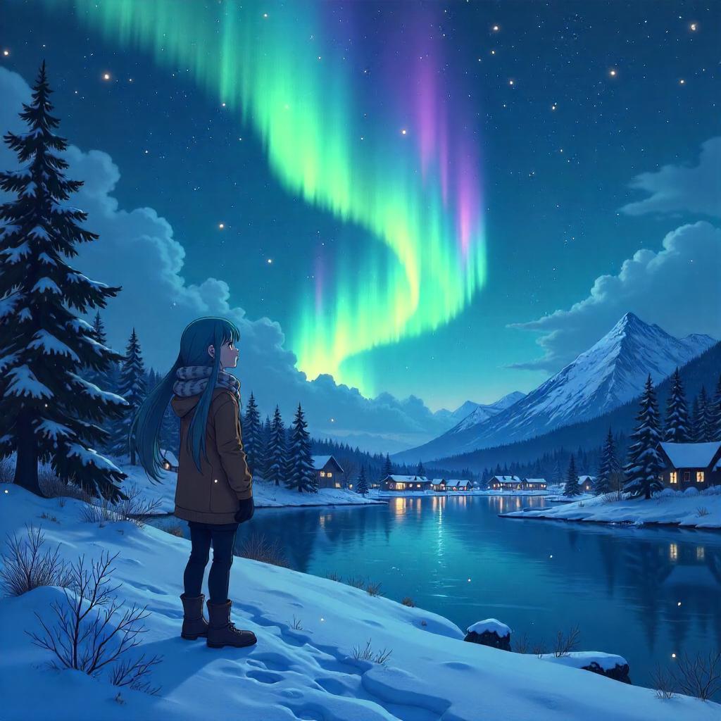 Anime Snow Night Under the Aurora Borealis