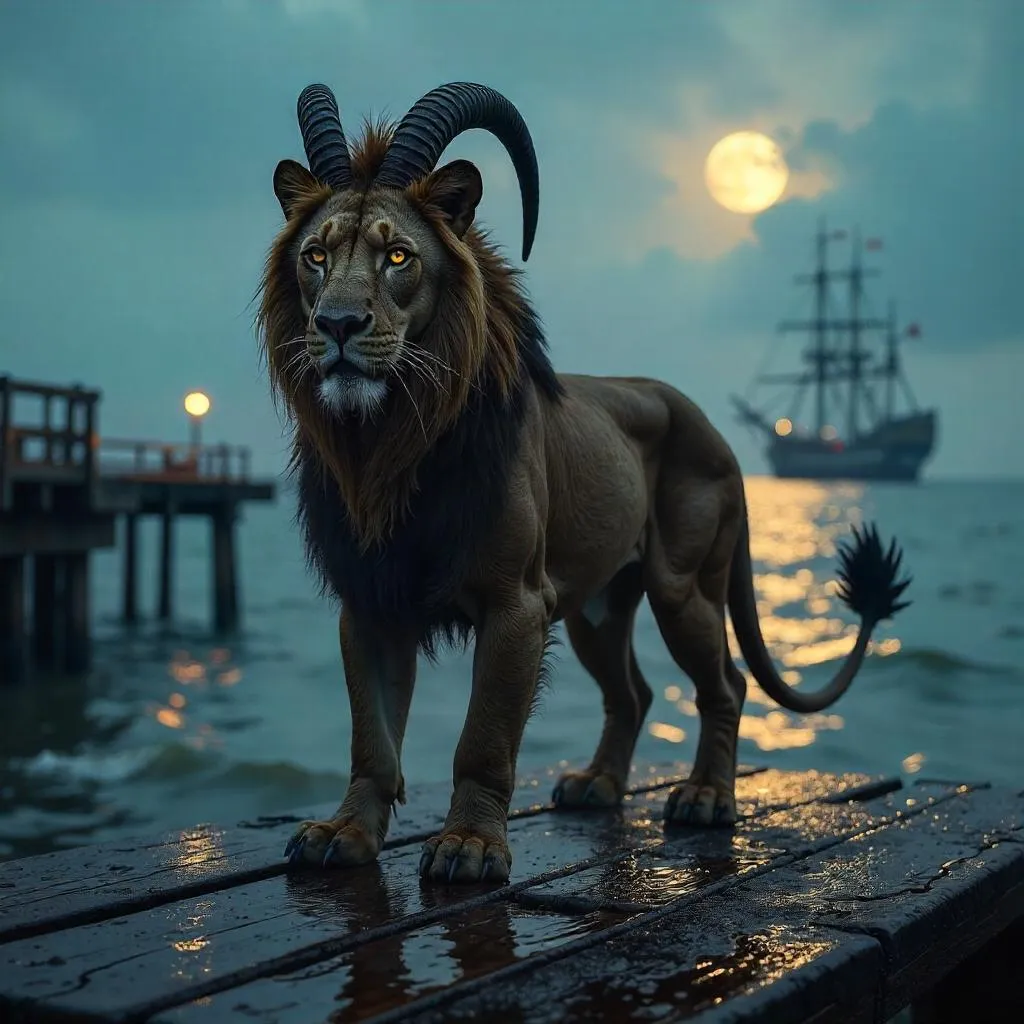 Photoreal Chimera on a Pier at Dusk