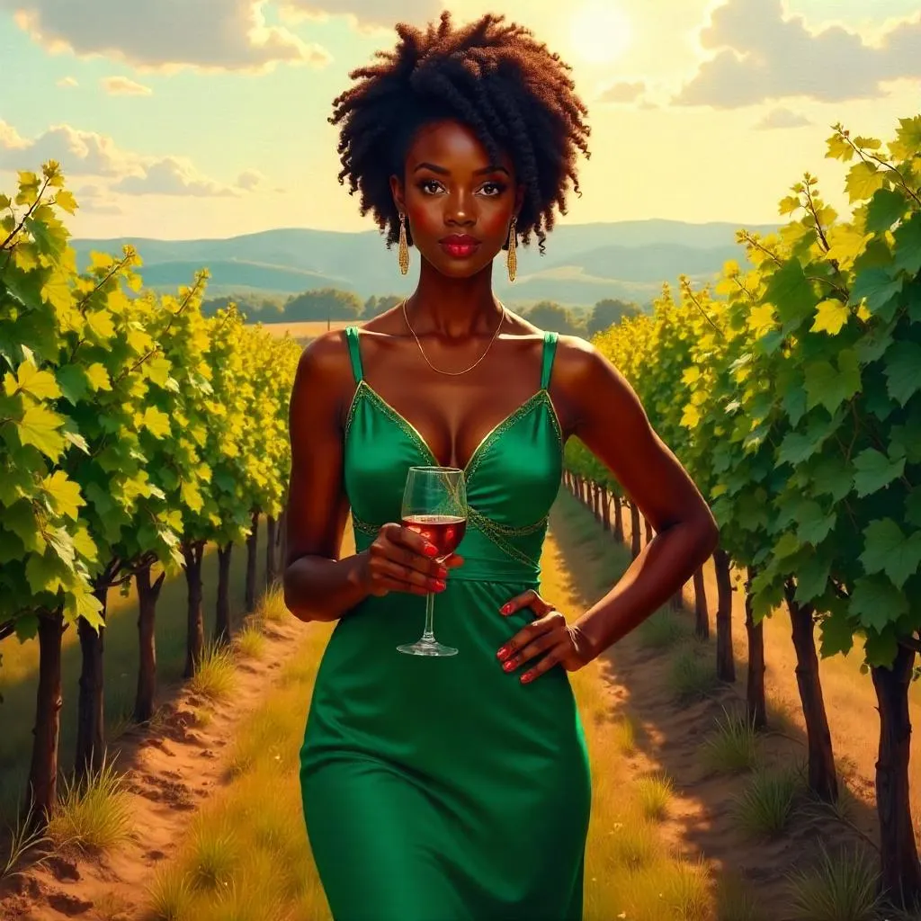 Confident Black Woman in a Sunlit Vineyard – Oil Portrait