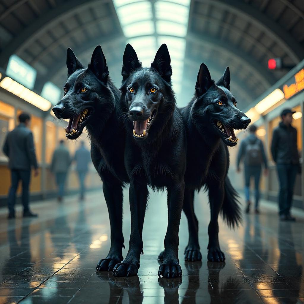 Cerberus in a Neon Train Station