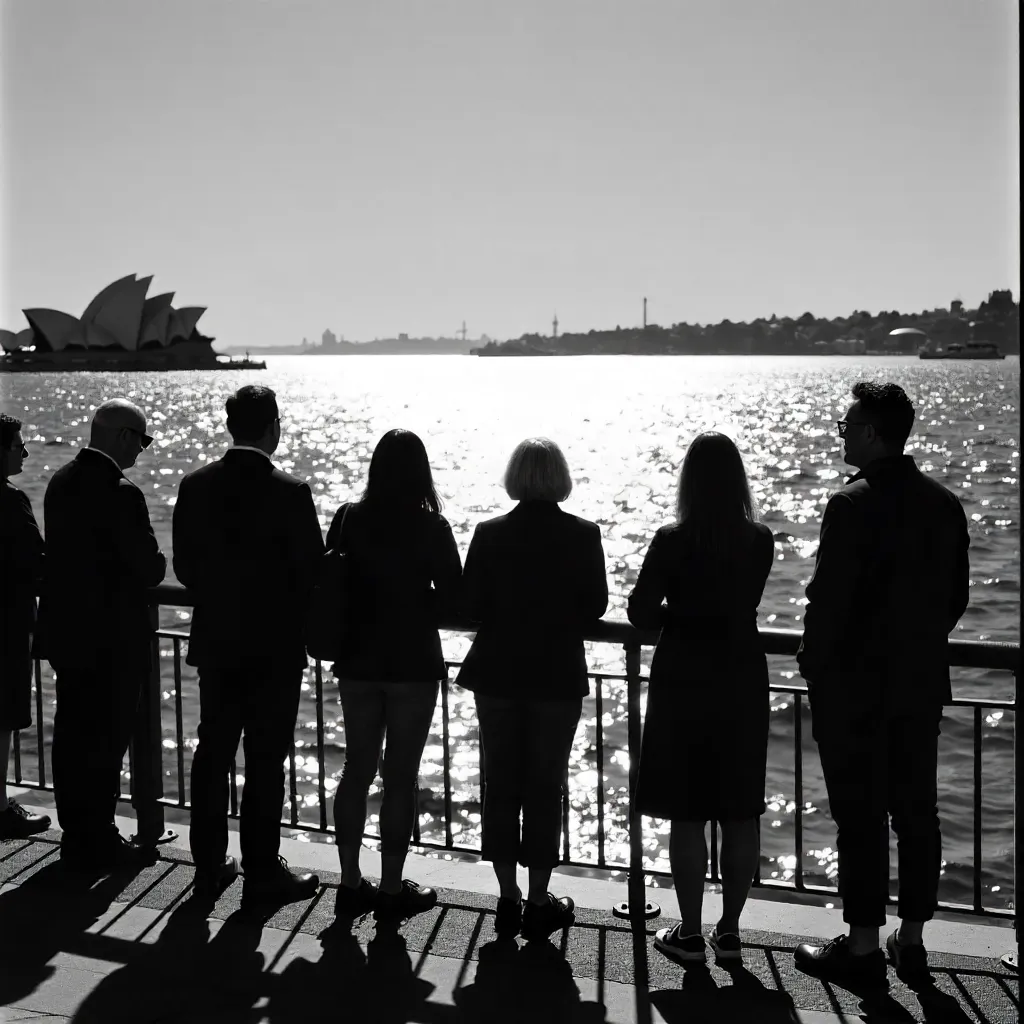 Silhouettes Gazing at Sydney Sea in Black and White