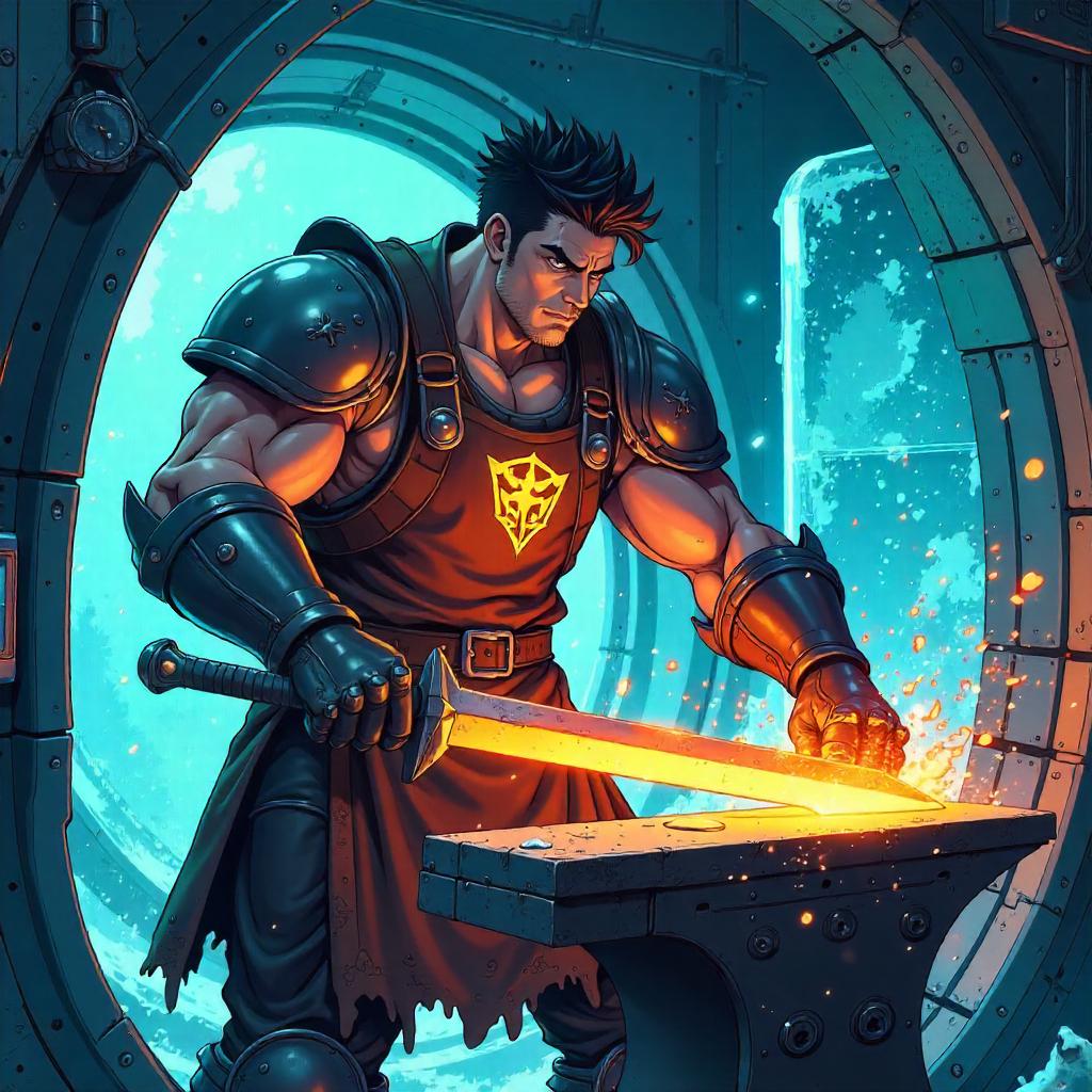 Cryogenic Anime Blacksmith in a Futuristic Chamber