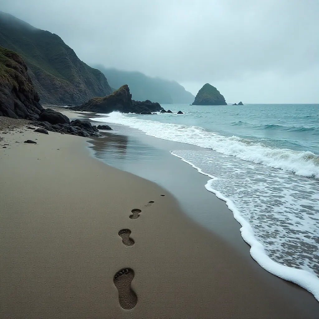 Footprints on a Serene Coast under Gray Clouds