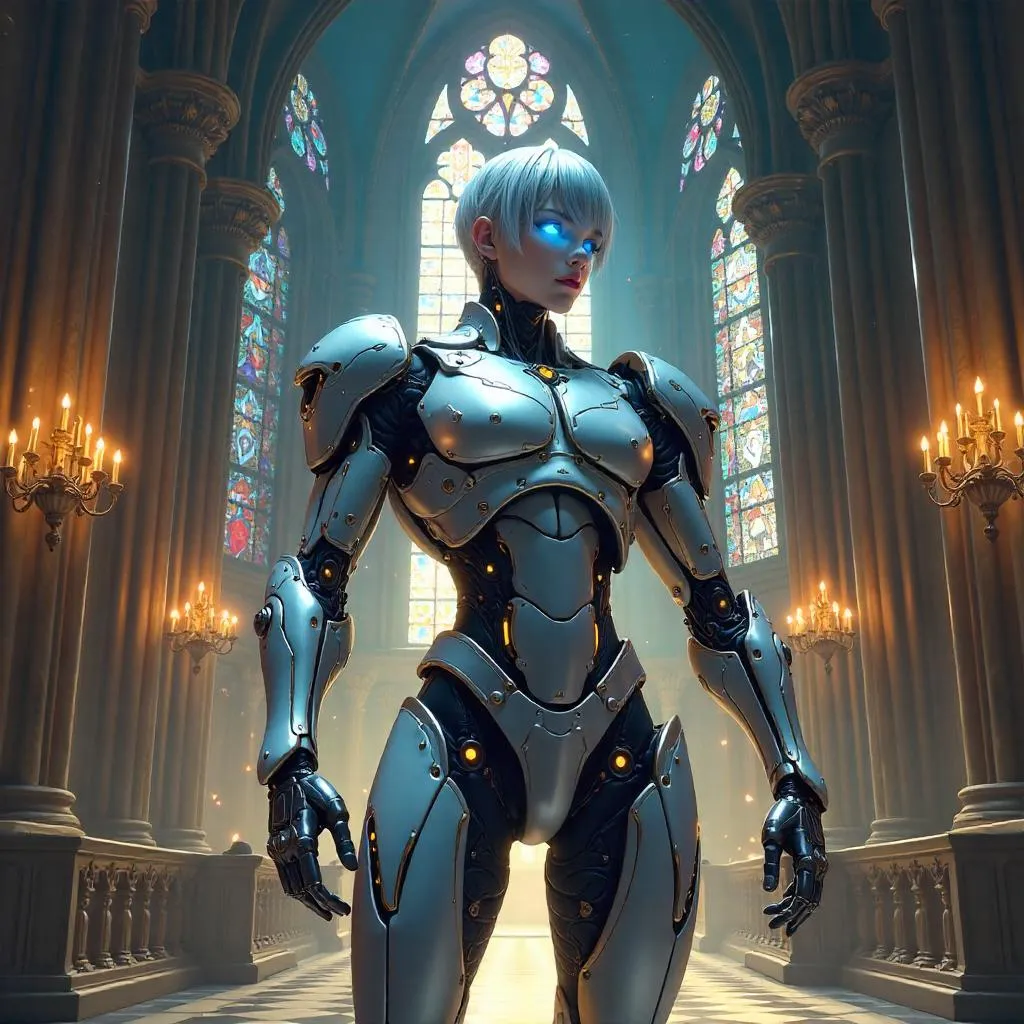 Cyborg Seraph in a Sunlit Gothic Cathedral