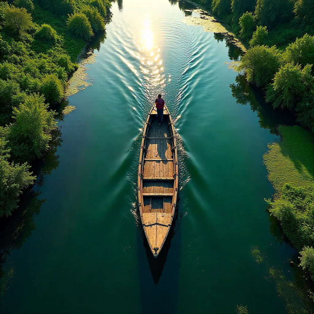 Aerial Drone Shot: Traditional Boat on Algae-Patched River