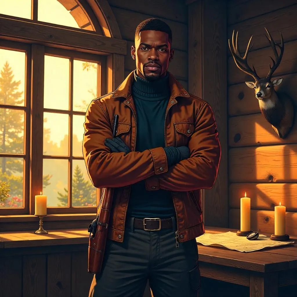 Confident Black Man in an Anime Hunting Lodge