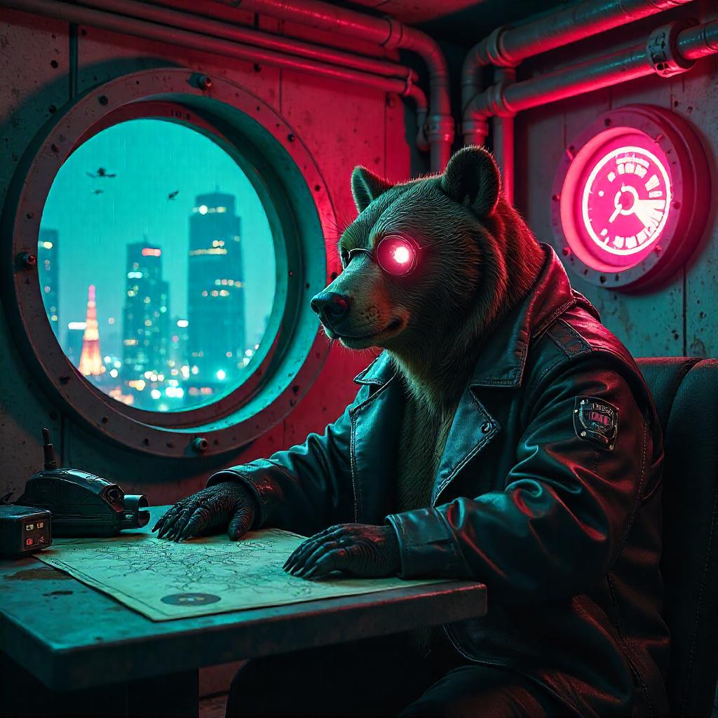 Bear in a Neon Cyberpunk Bomb Shelter