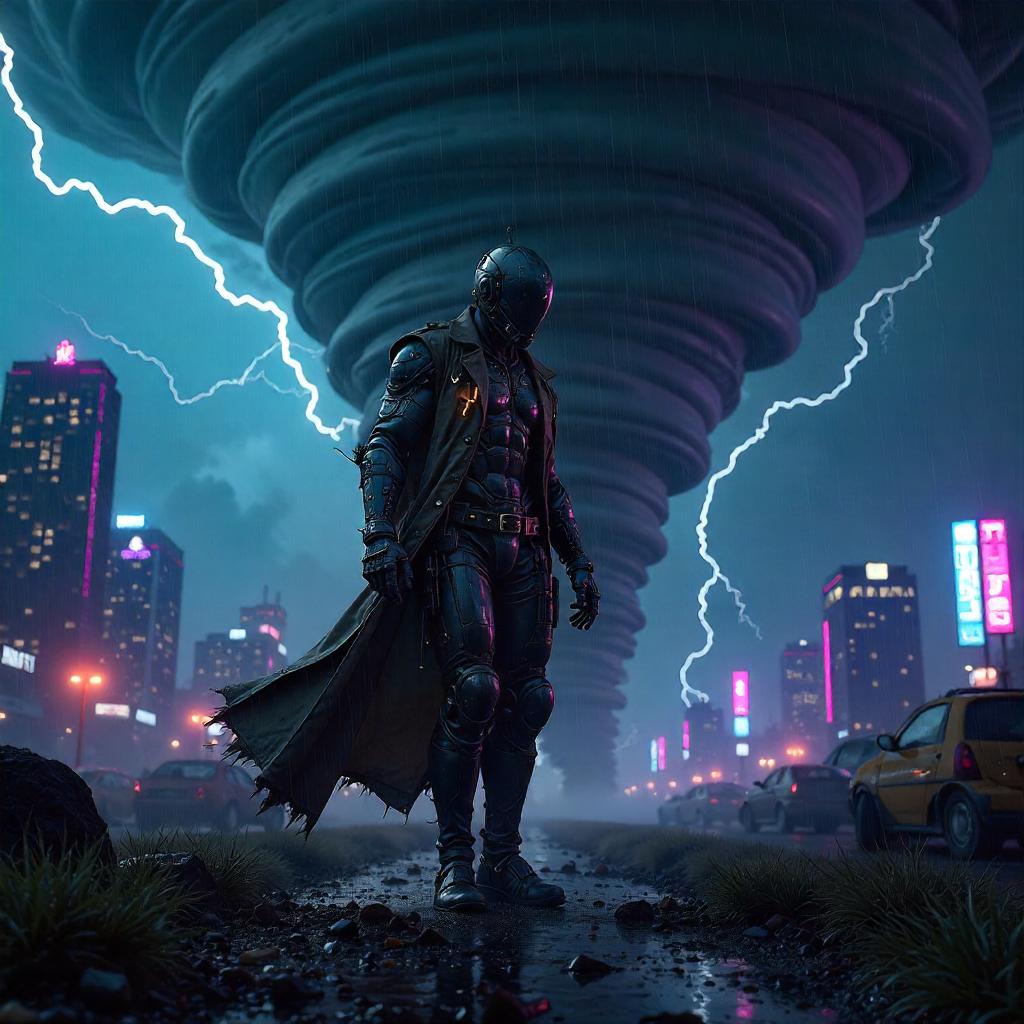 Cyborg in a Neon Tornado: Cyberpunk Tempest