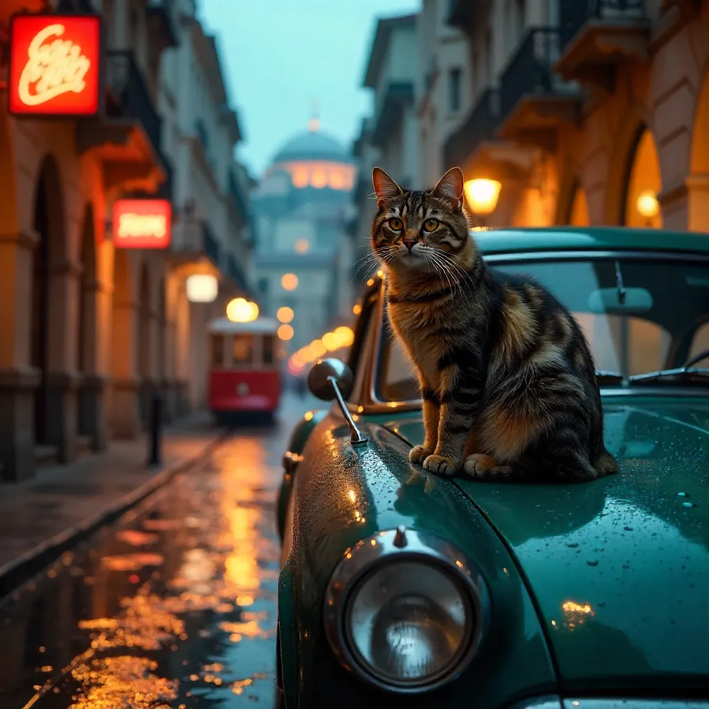 Charming stray cat on a rainy Istanbul street