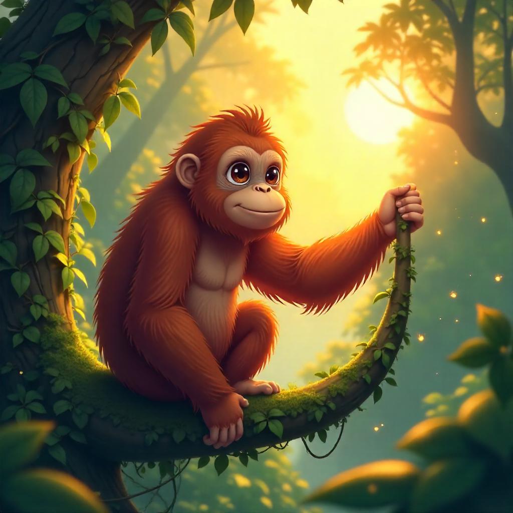 Orangutan at Sunrise: Anime Forest Glow