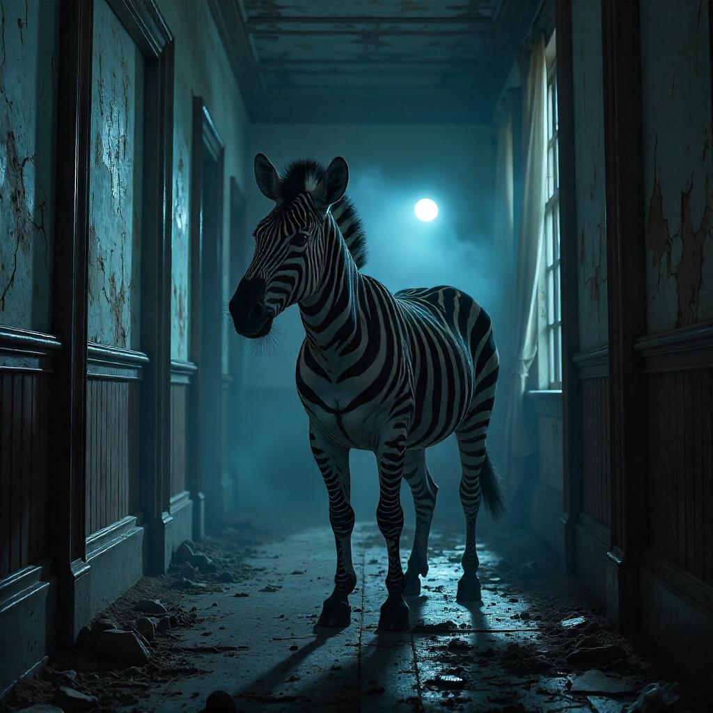 Photorealistic Zebra in a Haunted House