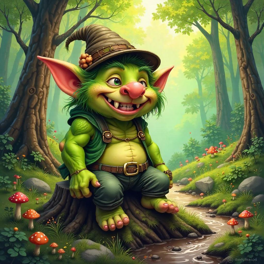 Painterly Cartoon Troll in a Whimsical Forest