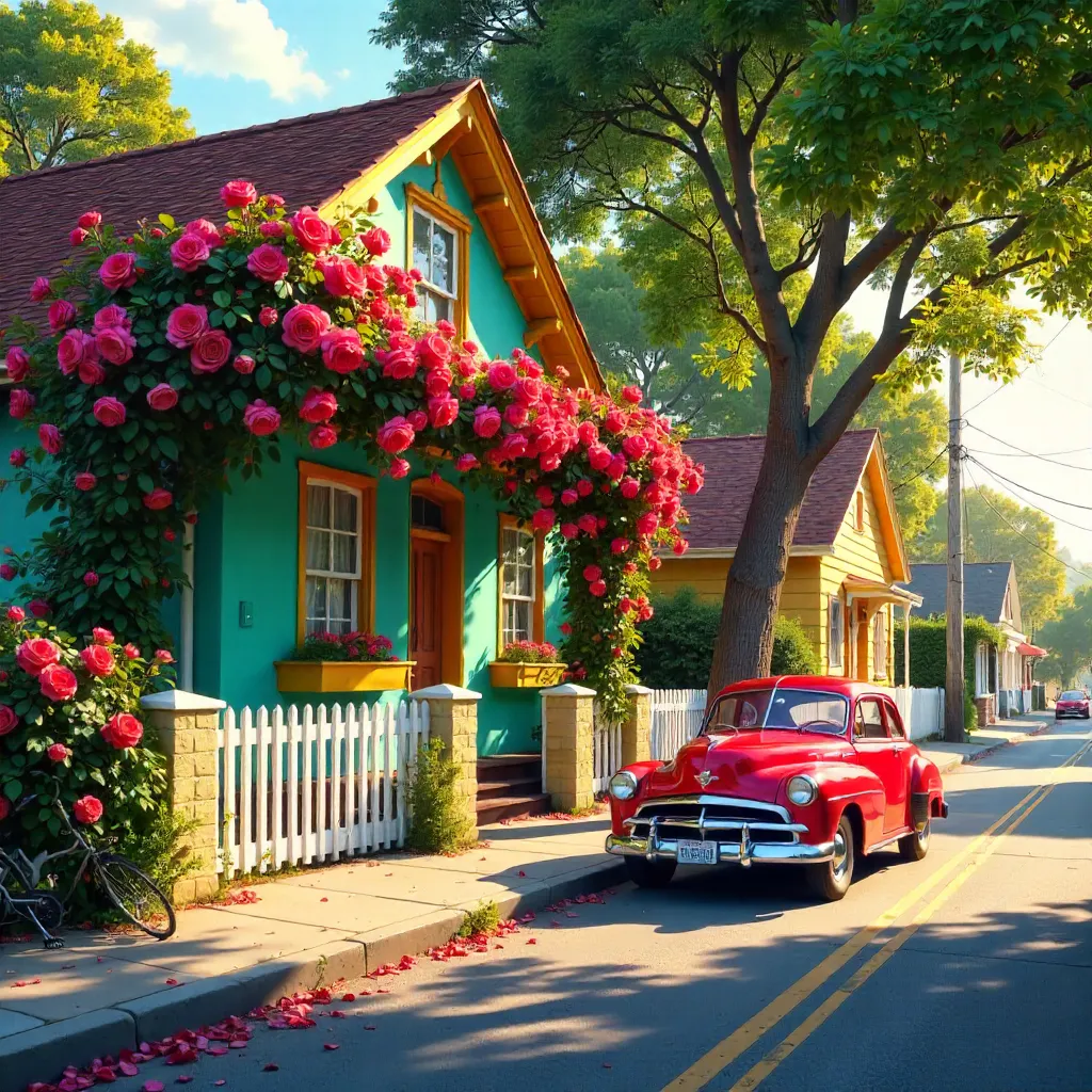 Serene Street: Colorful House, Roses, and Red Car