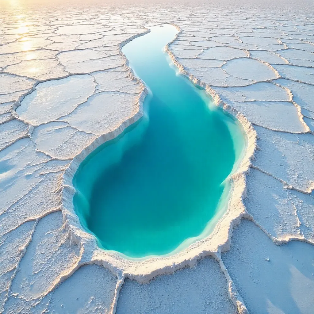 Aerial Salt Flats with a Glowing Blue Brine Pool