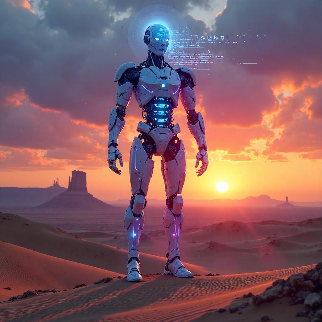 AI Construct in the Desert: Neon Circuitry in Sand