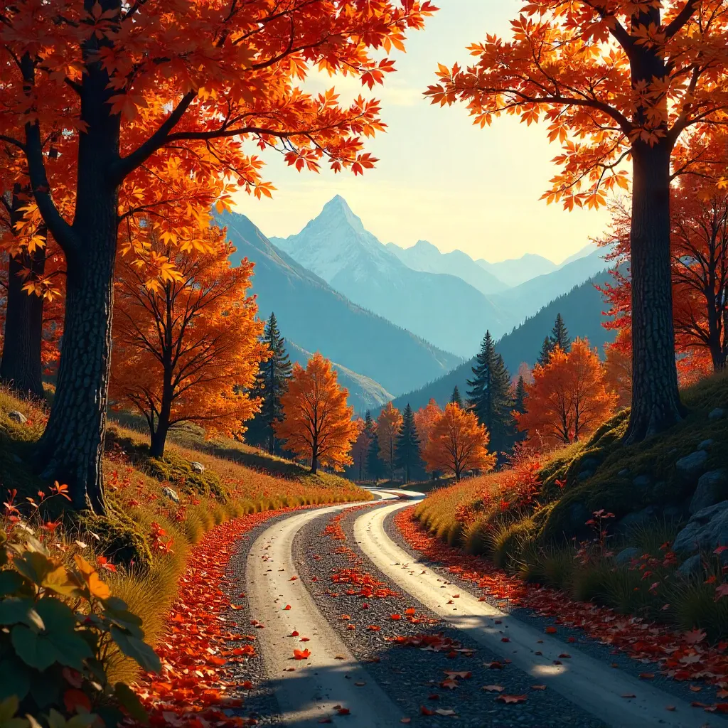 Autumn Road to a Distant Blue Mountain Vista