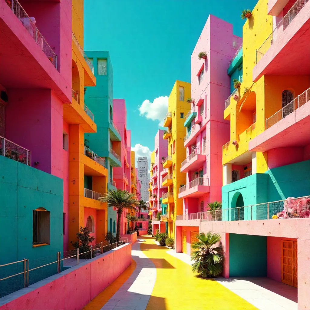 Vibrant Geometric Architecture Under a Blue Sky