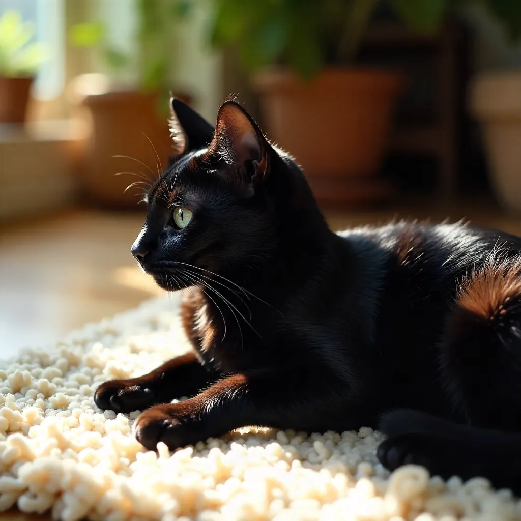 Close-up of a Black Cat on a Plush Rug
