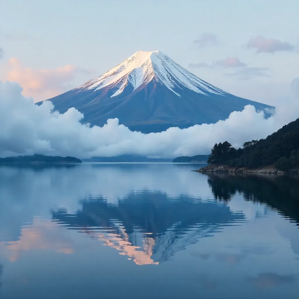Mount Fuji Over a Calm Lake Under Cloudy Skies